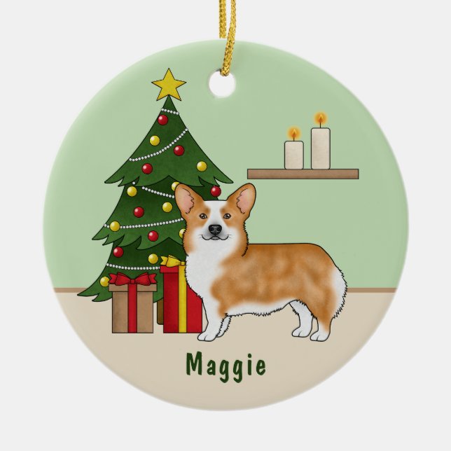 Red Pembroke Welsh Corgi Dog And Christmas Tree Ceramic Ornament (Front)