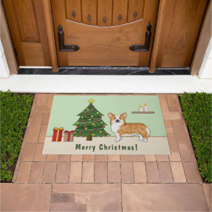 Red Pembroke Welsh Corgi Dog And Christmas Tree Doormat