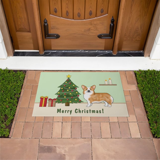 Red Pembroke Welsh Corgi Dog And Christmas Tree Doormat (Outdoor)