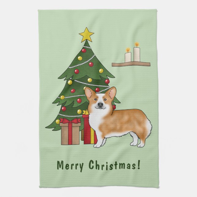 Red Pembroke Welsh Corgi Dog And Christmas Tree Kitchen Towel (Vertical)