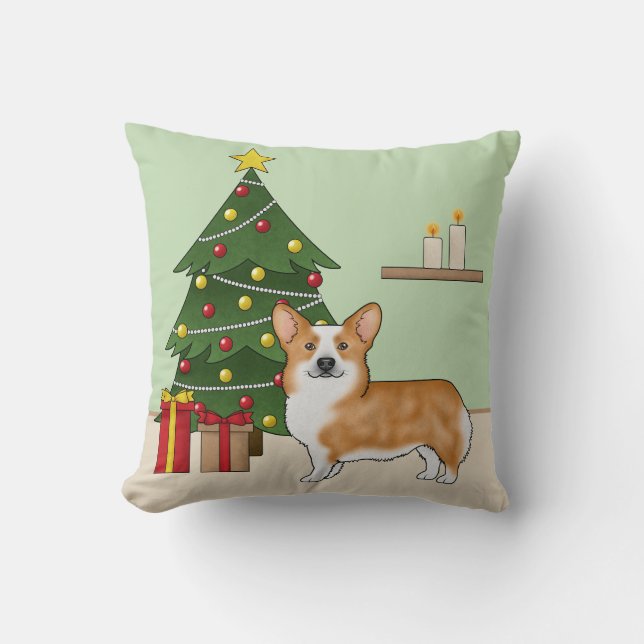 Red Pembroke Welsh Corgi Dog And Christmas Tree Throw Pillow (Front)