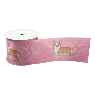 Red Pembroke Welsh Corgi Love Heart Pattern Pink Satin Ribbon