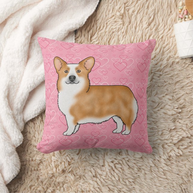 Red Pembroke Welsh Corgi Love Heart Pattern Pink Throw Pillow (Blanket)