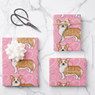 Red Pembroke Welsh Corgi Love Heart Pattern Pink Wrapping Paper Sheet