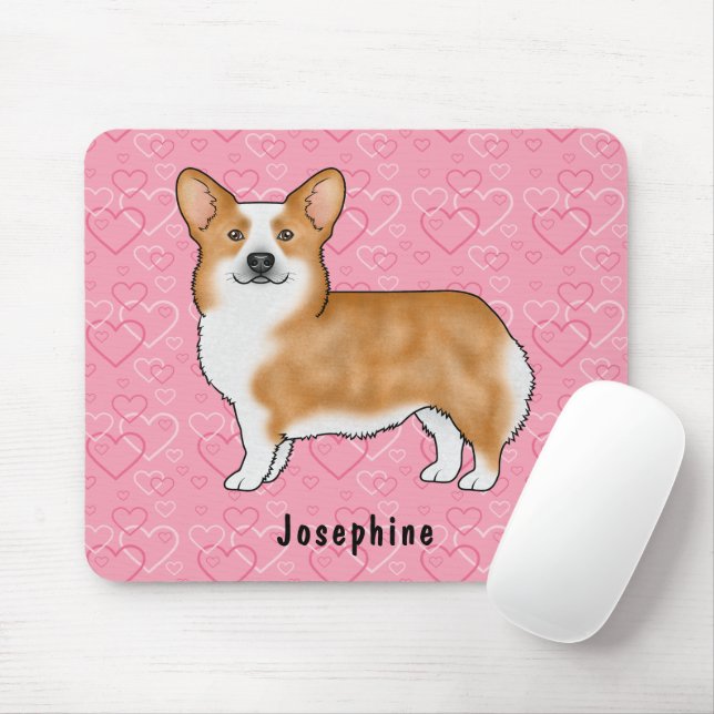 Red Pembroke Welsh Corgi On Pink Hearts With Name Mouse Pad (With Mouse)