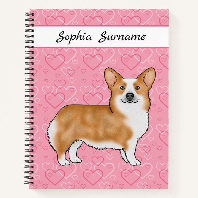 Red Pembroke Welsh Corgi On Pink Hearts With Name Notebook (Front)
