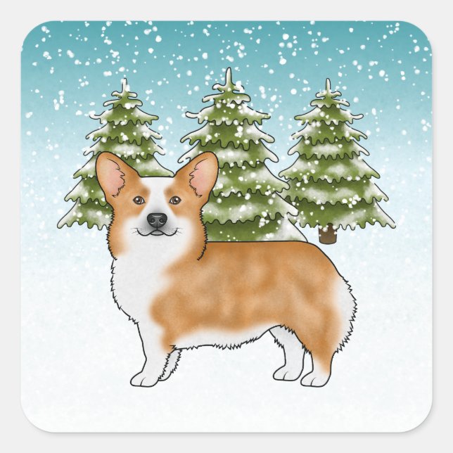 Red Pembroke Welsh Corgi Winter Forest Christmas Square Sticker (Front)