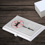 Red Pentagram Circle Black Cat Dangling Star Grey Business Card Holder<br><div class="desc">This metal business card holder case has a pentagram inside a circle in shades of red with a black cat silhouette with raised paw dangling a gold star on a light grey background.  Customise your text or name with the template.</div>
