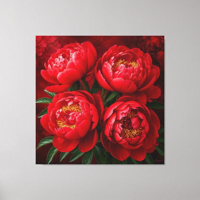 Red Peonies Against a Rich Crimson Background Canvas Print (Front)
