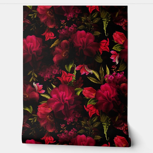 Red Peonies And Roses Mystic dark moody florals Wallpaper (Unrolling)