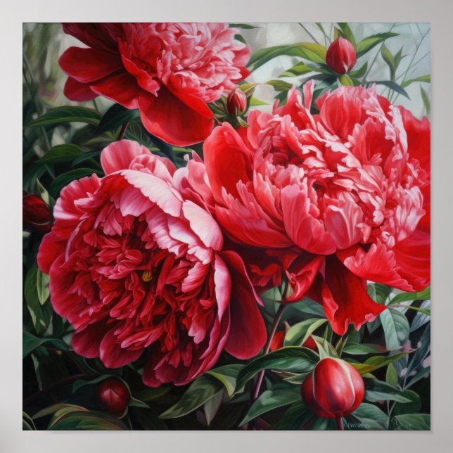 Red Peonies Flower Art Print Poster (Front)