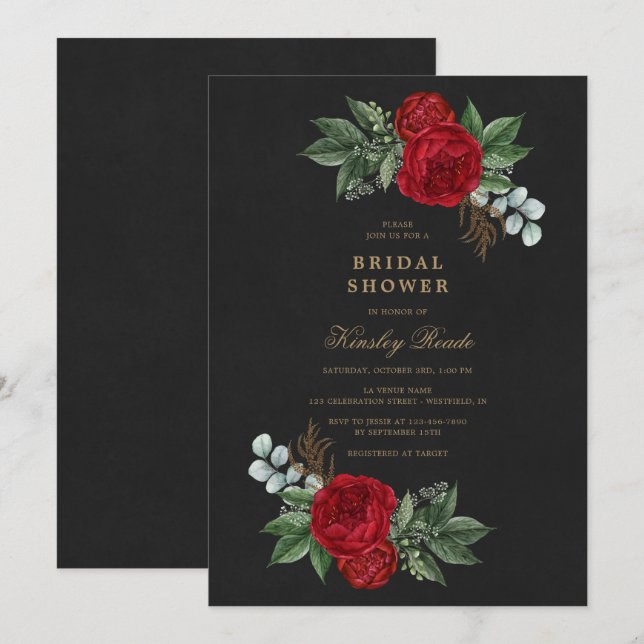 Red Peonies Watercolor Black Gold Bridal Shower Invitation (Front/Back)