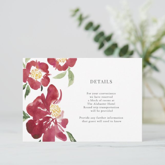 Red Peonies Watercolor Flowers Details Enclosure Card (Standing Front)