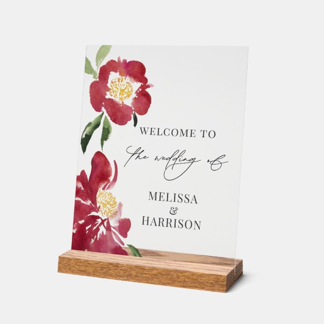 Red Peonies Wedding Welcome Acrylic Sign (Angle)
