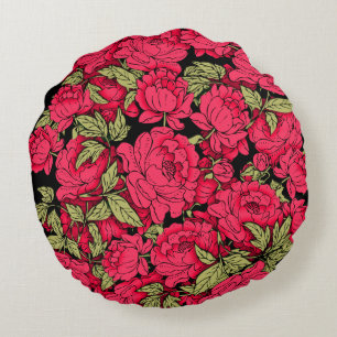 Red Peonies with Gold Leaves Round Pillow