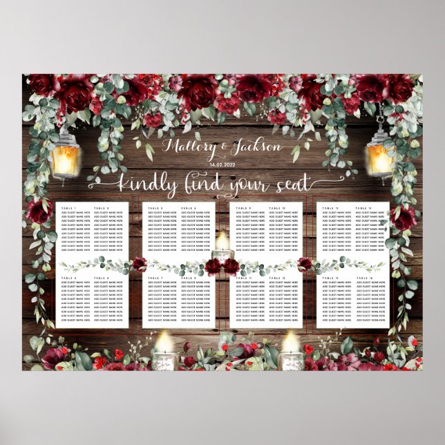 Red Peony 54x40" 160 Guest Luxury Seating Chart (Front)