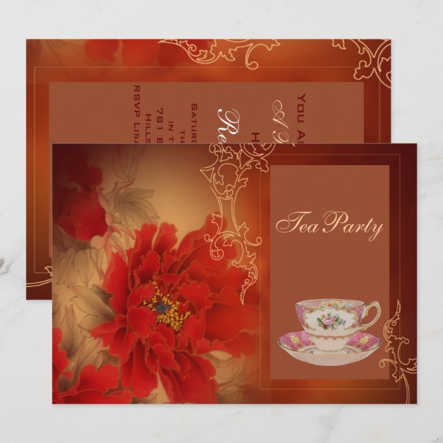 Red Peony Chinese bridal shower tea party Invitation (Front/Back)