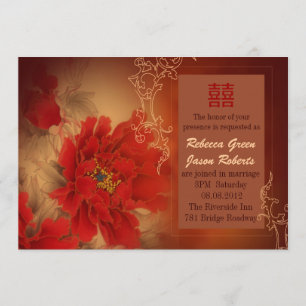 Red Peony Double Happiness Chinese wedding Invitation