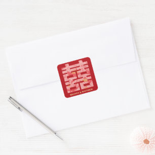 Red Peony Double Happiness Chinese Wedding Square Sticker