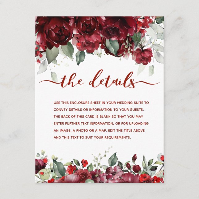 Red Peony Epiphany Wedding Details Accommodation Enclosure Card (Front)
