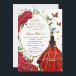 Red Peony Floral Brown Princess Dress Quinceañera  Invitation<br><div class="desc">Personalize this pretty red floral Quinceañera / Sweet 16 birthday invitation easily and quickly. Simply click the customize it further button to edit the texts, change fonts and fonts colours. Featuring a girl dressed in a beautiful gold embroidered red ball gown, exquisite watercolor red peony flowers, butterflies and a gold...</div>