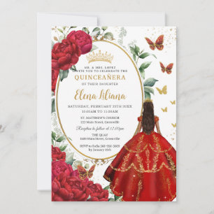 Red Peony Floral Brown Princess Dress Quinceañera  Invitation