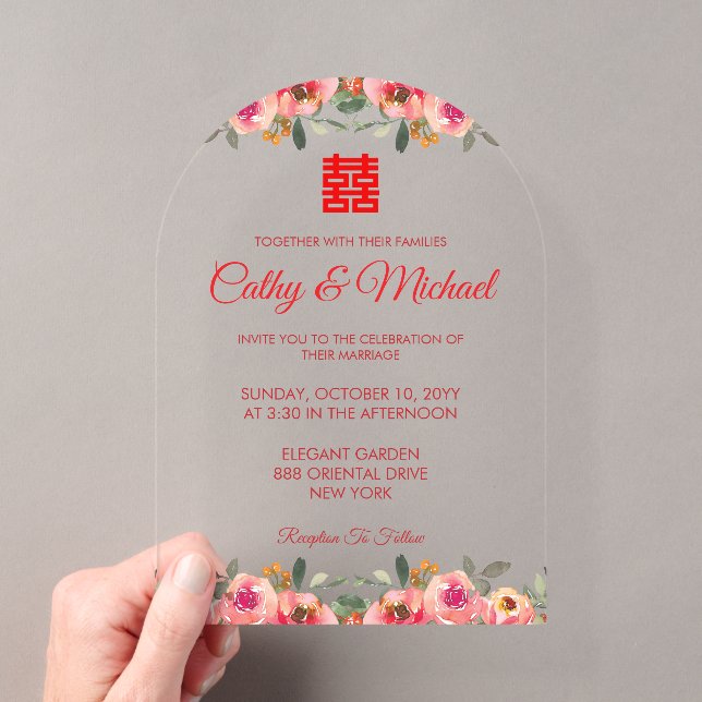 Red peony floral Chinese wedding double happiness Acrylic Invitations (Insitu (Handheld))