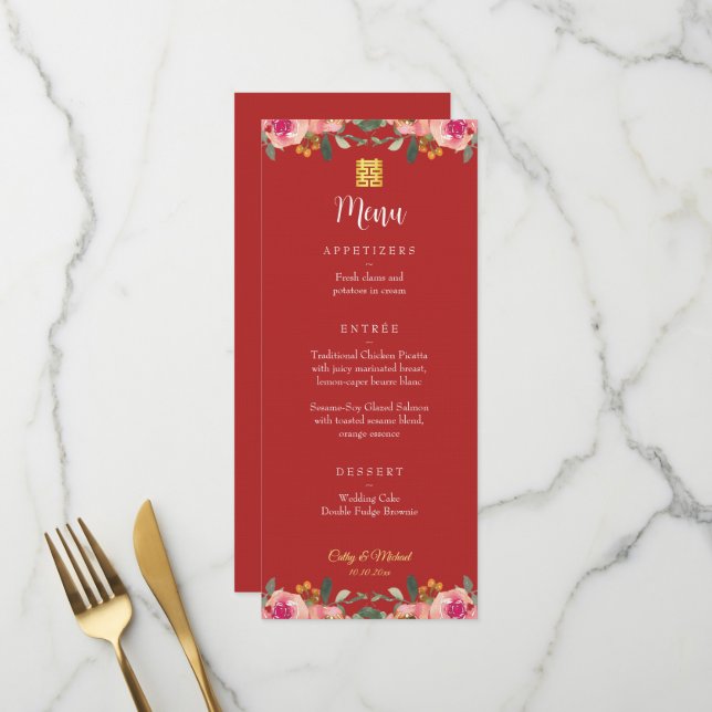 Red peony floral Chinese wedding double happiness Menu (Front/Back In Situ)