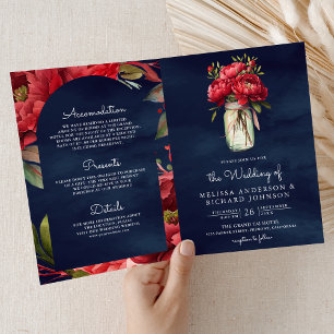 Red Peony Floral Mason Jar QR Code Navy Wedding Invitation