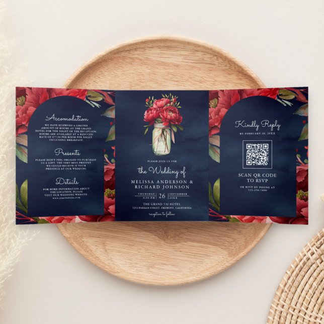 Red Peony Floral Mason Jar QR Code Navy Wedding Tri-Fold Invitation (Creator Uploaded)