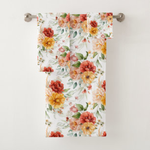 Red Peony Flower Bouquet Pattern Bath Towel Set