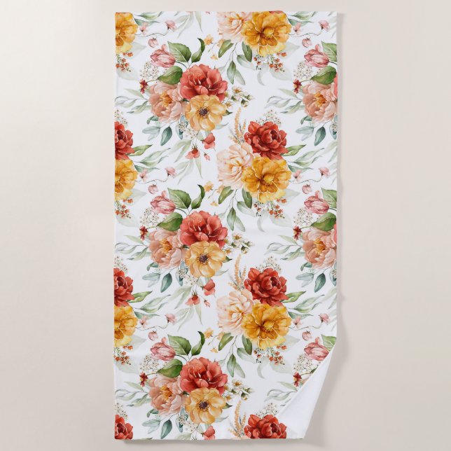 Red Peony Flower Bouquet Pattern Beach Towel (Front)