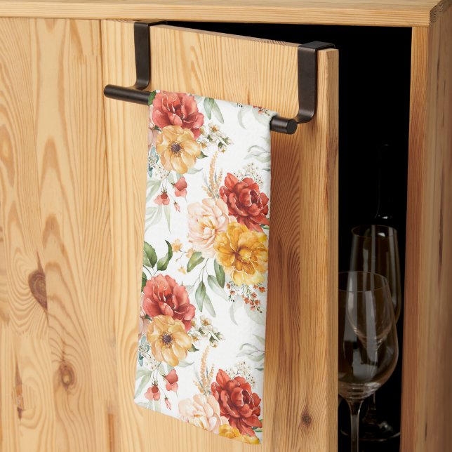 Red Peony Flower Bouquet Pattern Kitchen Towel (Thirds Fold)