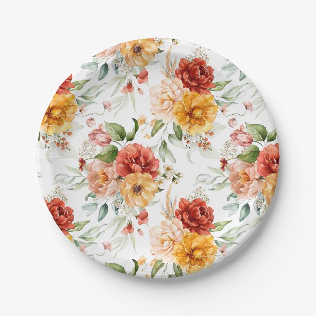 Red Peony Flower Bouquet Pattern Paper Plate (Front)
