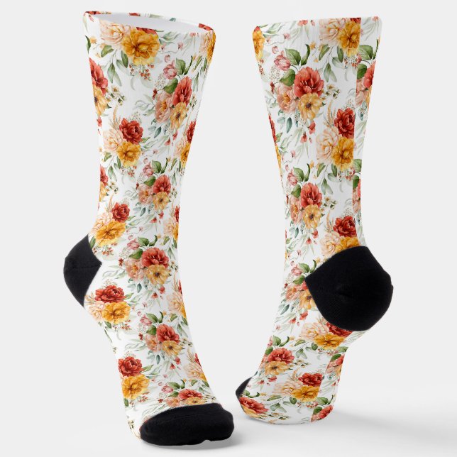 Red Peony Flower Bouquet Pattern Socks (Angled)