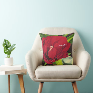 Red Peony flower with green leaves, square Throw Pillow