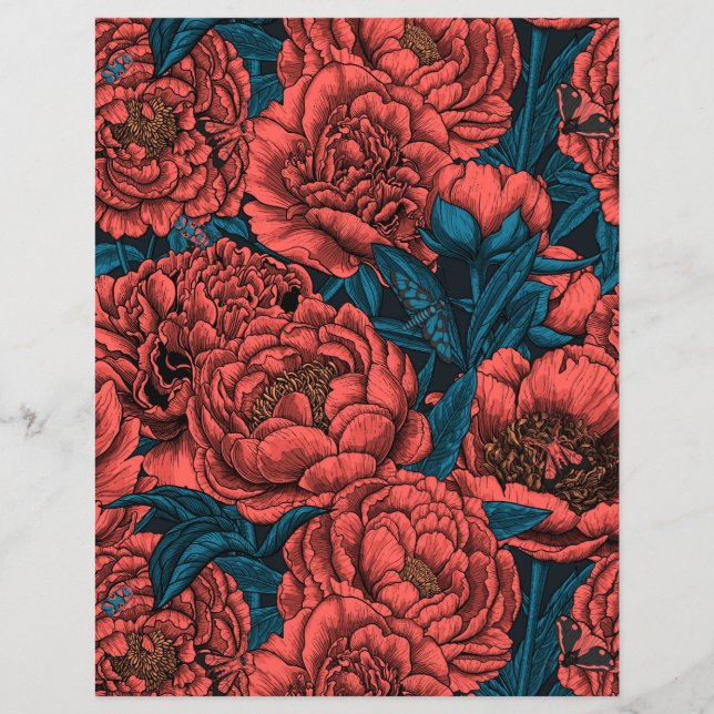 Red peony flowers and moths (Front)