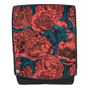 Red peony flowers and moths backpack