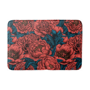 Red peony flowers and moths bath mat