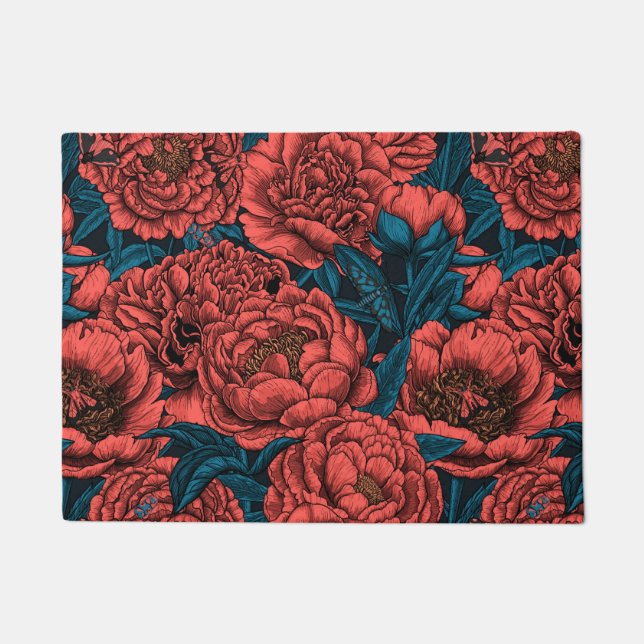 Red peony flowers and moths doormat (Front)