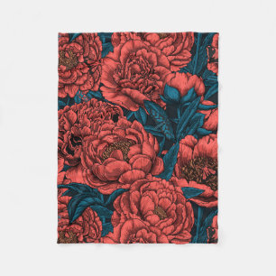 Red peony flowers and moths fleece blanket