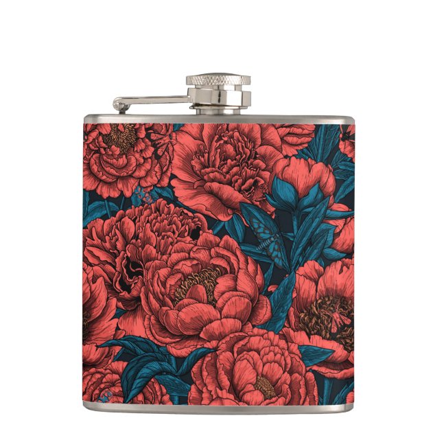 Red peony flowers and moths hip flask (Front)