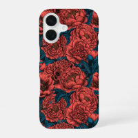 Red peony flowers and moths