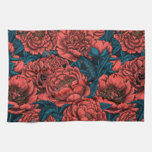 Red peony flowers and moths kitchen towel