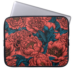 Red peony flowers and moths laptop sleeve