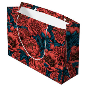 Red peony flowers and moths large gift bag