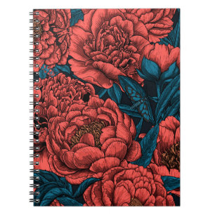 Red peony flowers and moths notebook