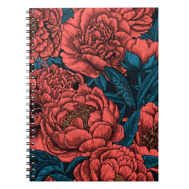 Red peony flowers and moths notebook (Front)