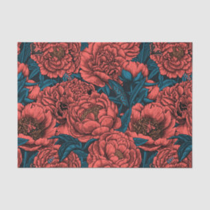 Red peony flowers and moths tissue paper