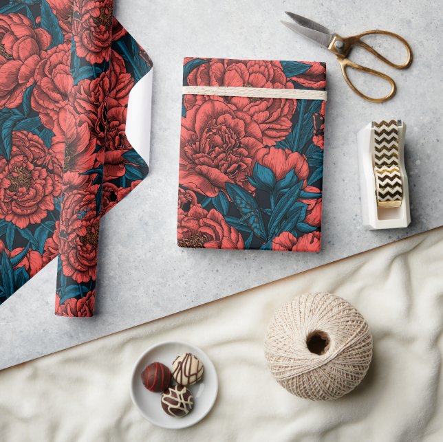 Red peony flowers and moths wrapping paper (Crafts)